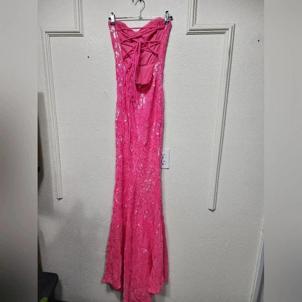 Lulus Glam Aura Hot Pink Iridescent Sequin Strapless Maxi Dress Prom Party - Picture 9 of 11
